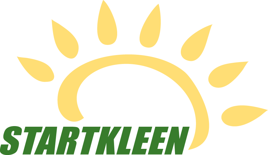 StartKleen Logo. "STARTKLEEN" in green all caps with a yellow sunburst above the text with 7 teardrops forming the sun